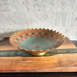 Vintage Brass and Floral Enamel Trinket Dish / Key Tray / Console Bowl